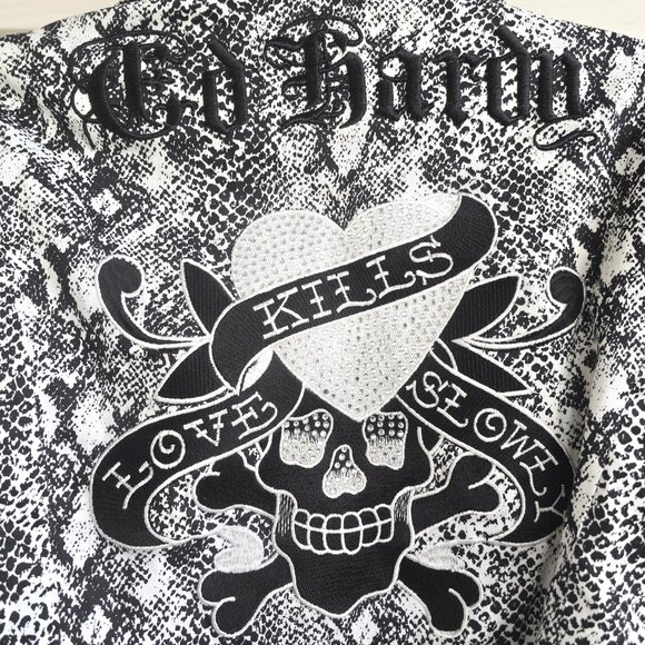 ED HARDY Black White Snake Print Belt Appliqued Rhinestones Trench Coat - Picture 2 of 13